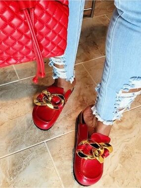 JW Anderson Leather Gold Chain Link Red Mule Luxury